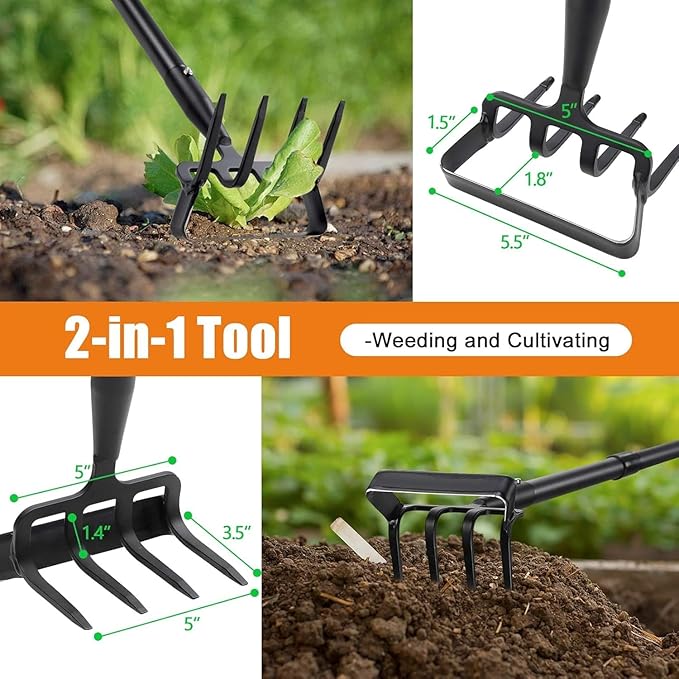 Hoe Garden Tool - 2 in 1 Stirrup Action Hoe & Rake,Heavy Duty Weeding & Cultivating Tool,Adjustable Long Handle (36”-74”),Sharp Carbon Steel Blade for Effortless Gardening