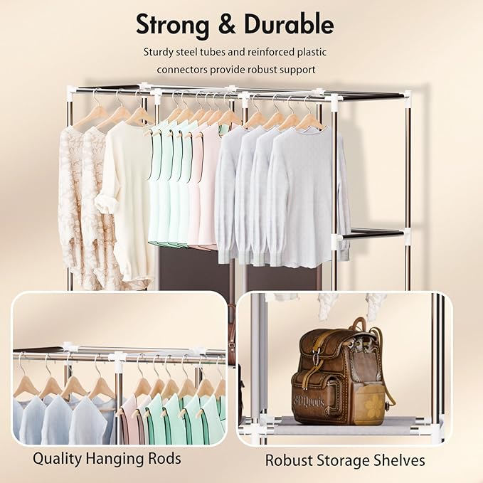 ALSO GO Portable Closet, Storage Organizer Wardrobe with Non-Woven Fabric Cover, with 3 Hanging Rods, 6 Storage Shelves and Side Pockets, Free Standing Clothes Rack with Non-Woven Fabric Cover, Grey
