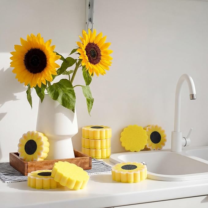 Tioncy 12 Pack Sunflower Kitchen Sponges Bulk Dual Sided Scrubber Yellow Sunflower Sponges Dishwashing Kitchen Cleaning Accessories for Funny Christmas Holiday Household Supplies