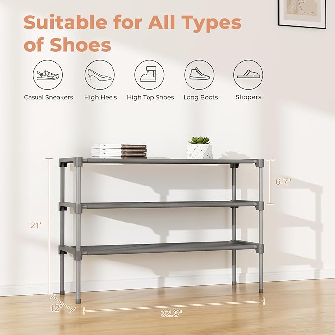 34" Widening Design Shoe Rack for Closet 16 Pairs Small Spaces Non-Woven 3 Tier Shoe Organizer Stackable Metal Shoe Shelf for Entryway, Bedroom Grey