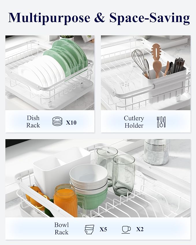 Kitsure Dish Drying Rack for Kitchen Counter, Stainless Steel Sink Organization and Storage Essentials with Cutlery Holder, Home and Appartment Decor, 12.2''W x 15.7''~23''L, White