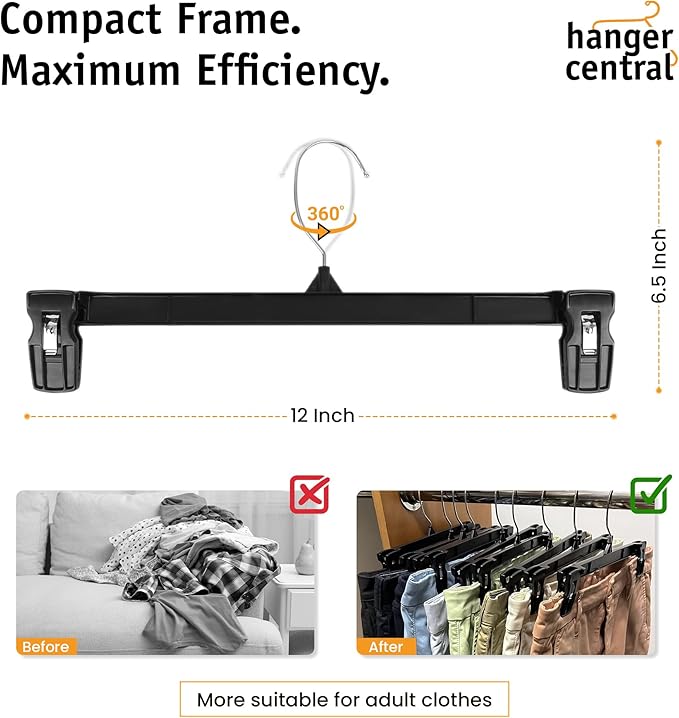 Hanger Central 12 Pack Pants Hangers – 12 Inch Slim Plastic Clothes Hangers with Clips for Skirts, Pants, Shorts – Space Saving Heavy Duty Closet Organizer with Non Slip Grip & Swivel Hook – Black