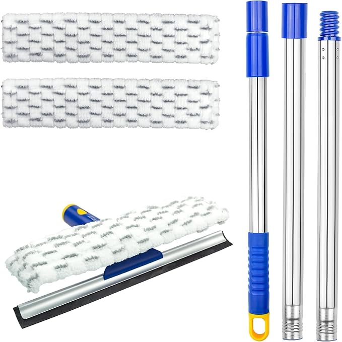 ITTAHO 53" Window Squeegee Cleaner 2 in 1 Window Cleaning Tool Kit Window Washing Kit with Extension Pole for Shower Glass, Indoor/Outdoor High Window Cleaning-Two Pads