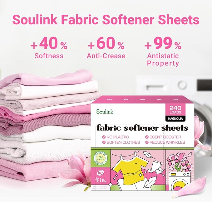 Soulink Fabric Softener Sheets for Washing Machine, No Plastic Jug Soap Strips, Alternative to Fabric Softener Liquid and Pods, Magnolia Scent, Up to 240 Loads
