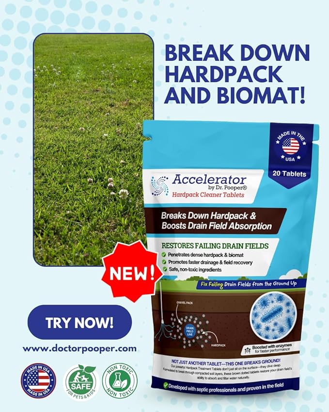 Accelerator by Dr. Pooper® – Hardpack Cleaner Tablets for Septic Systems | Breaks Down Hardpack & Boosts Drain Field Absorption | 20 Tablets - Use with our tool kit — available separately