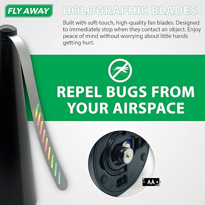 Fly Away - 4 Pack Outdoor Fly Repellent Fan, Outside or Inside Table use, Restaurant, Barbeque, Events, Deter Flies, Wasps, Bees, Other Moscas and Bugs Away, Battery Operated, Tabletop, Hanging Hook.