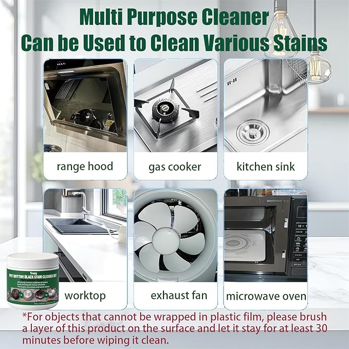 Truey Pot Bottom Black Stain Cleaner Set, Stainless Steel Cleaning & Polishing,Powerful Kitchenware Cleaner, Cooktop Pot Cleaner Effortless for Burned Cookware,Multi-purpose Oil Stain Remover (400g)