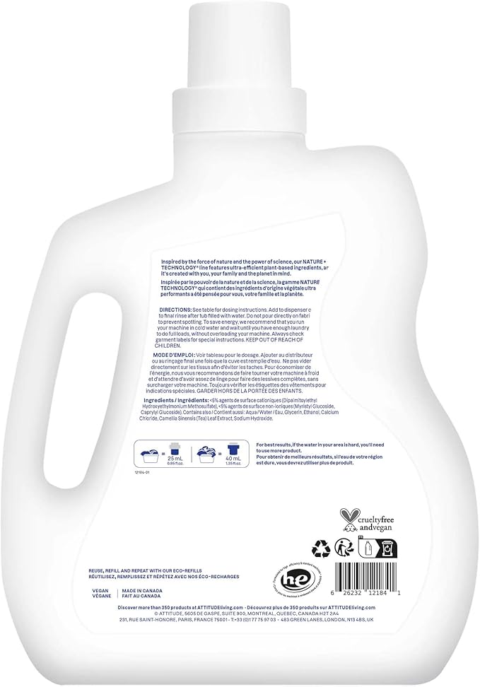 ATTITUDE Liquid Fabric Softener, Plant-Based & Vegan, HE Compatible, Naturally Derived, Unscented, 80 Loads, 67.6 Fl Oz