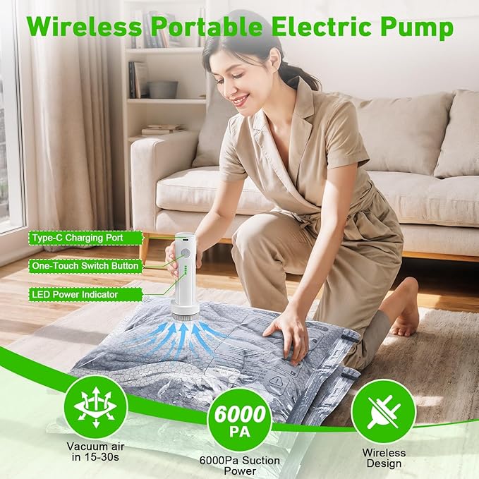 Vacuum Seal Bags for Clothing with Wireless Electric Pump - Travel & Home Use, 15 Pack Ideal Space Saver Vacuum Storage Bags, Ultimate Travel Vacuum Bags for Luggage