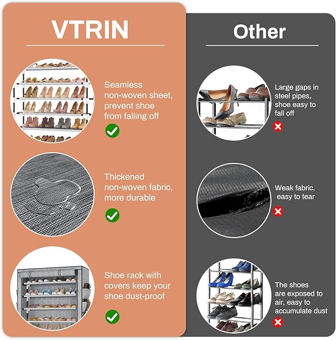VTRIN Tall Shoe Rack with Cover, 10 Tier Shoe Organizer Storage for 50-55 Pairs Shoes and Boots Large Capacity Shoe Shelf with 8 Pockets Free Standing Shoe Rack for Closet, Entryway, Garage, Printing