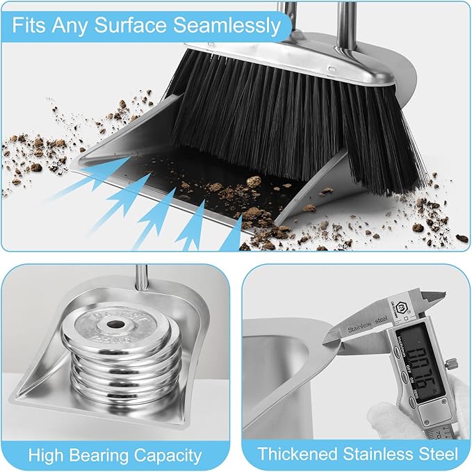 VOOWO Heavy Duty Broom and Dust pan Set, Stainless Steel Broom and Dustpan Set with Long Handle, Broom with Dustpan Set for Home Standing Dust Pan Indoor Outdoor Brooms Dustpan