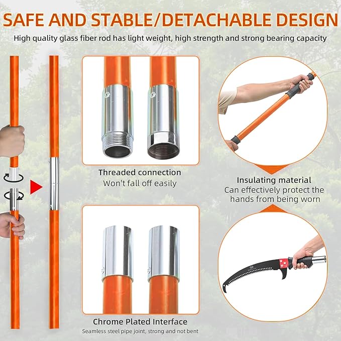Manual Pole Saw for Tree Trimming, 27 FT Manual tree purner with 8 Fiberglass Handles, Sharp steel Blade and Scissors, Easy to Carry and Extendable Design for Tree Maintenance, Orange