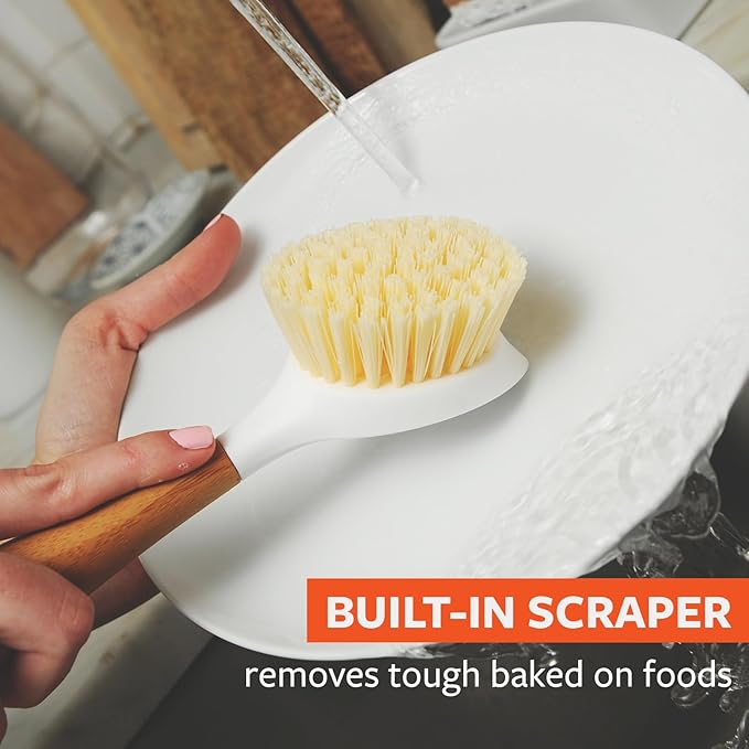 Full Circle Be Good-Bamboo Handle Dish Brush–Sustainable Kitchen Cleaning with Tough Bristles-Natural Dish Scrubber,Nonstick & Cast Iron Cleaner-Long Handle Brush for Dishes,Pots, & Pans,White-24 Pack