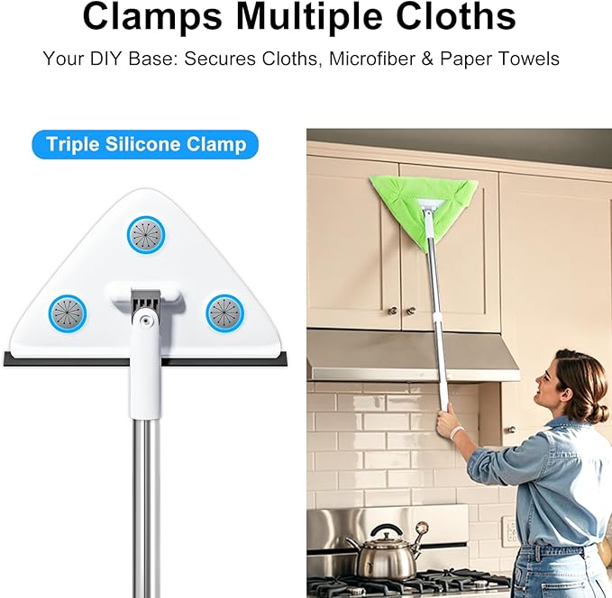 CTIME 78'' 3 in1 Professional Window Squeegee & Wall Mop : Window Cleaning Kit with 360° Rotating Triangular Head & Universal Cloth Slots (Includes 3 Reusable Pads)