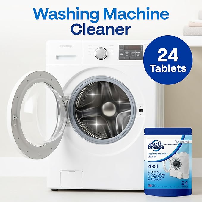 Earth Breeze Washing Machine Cleaner Tablets - 1 Year Supply - Deep Cleans, Removes Odors, Residue & Buildup - Front Load, Top Load & HE Washers - Fragrance-Free - No Harsh Chemicals - Made in USA