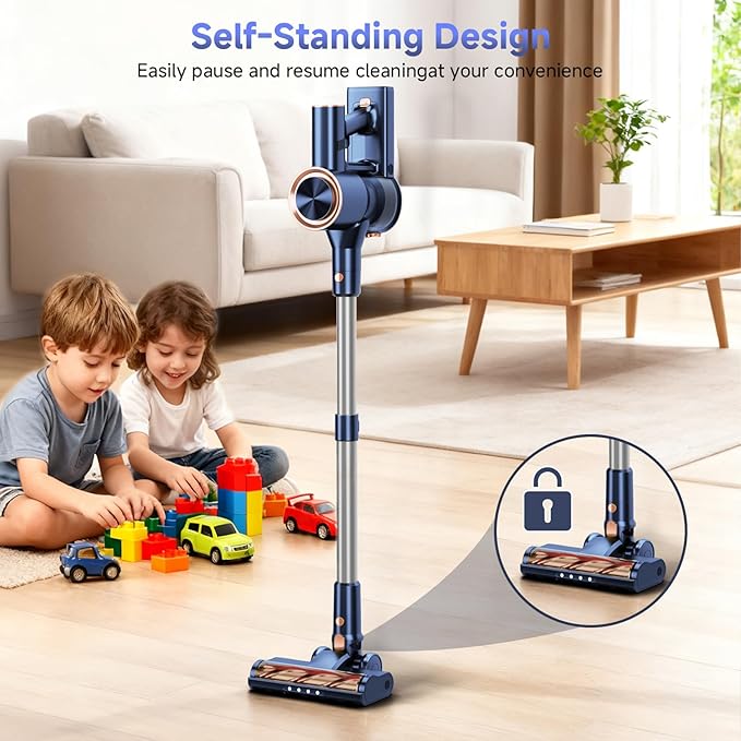 Shieal Cordless Stick Vacuum Cleaner - 45KPA Powerful Suction Vacuum with 45 Min Runtime, Detachable Battery, Anti-Tangle & 1.5L Dust Cup, 8 in 1 Vacuum Cleaner for Pet Hair, Carpet, HardFloor, Blue