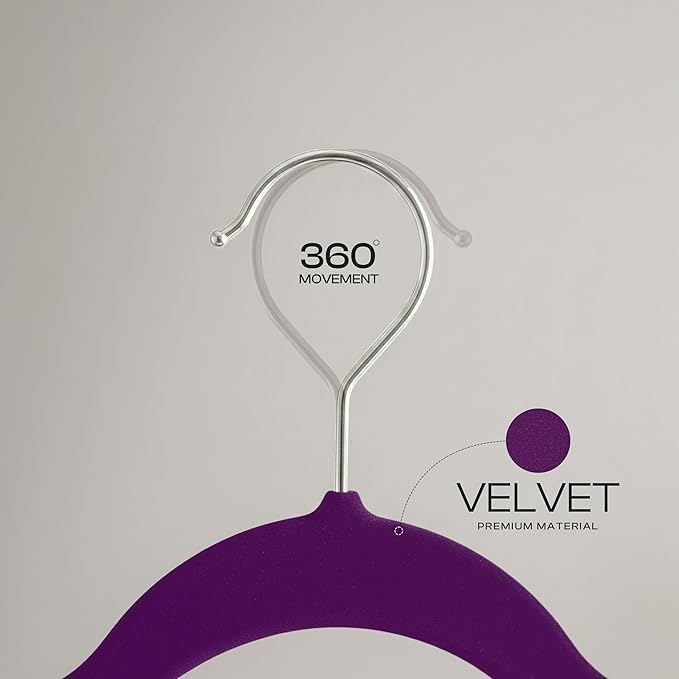 Utopia Home Velvet Hangers 50 Pack – Luxury Non-Slip Slim Pant & Coat Hangers, Strong Space-Saving Clothes Hangers with Pants Bar and 360° Swivel Hook – Purple