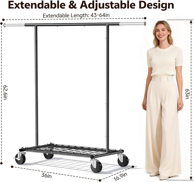 Heavy Duty Clothes Rack - Load 500 LBS, Rolling Clothing Rack for Hanging Clothes with Lockable Wheels & & Shelves, Extendable Garment Rack for Bedroom, Laundry, Living Room (Black)