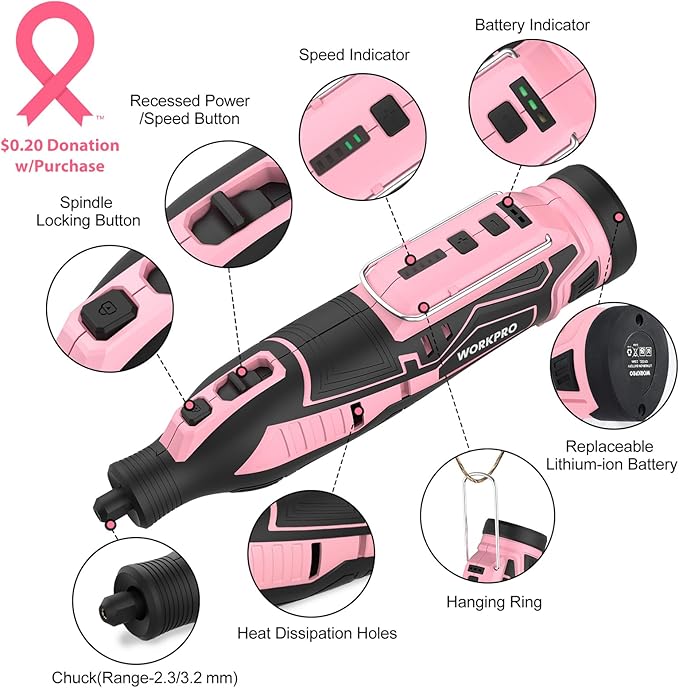 WORKPRO Pink 12V Cordless Rotary Tool Kit, 5 Variable Speeds, Powerful Engraver, Sander, Polisher, 114 Easy Change Accessories, Craft Tool for Handmade and DIY - Pink Ribbon