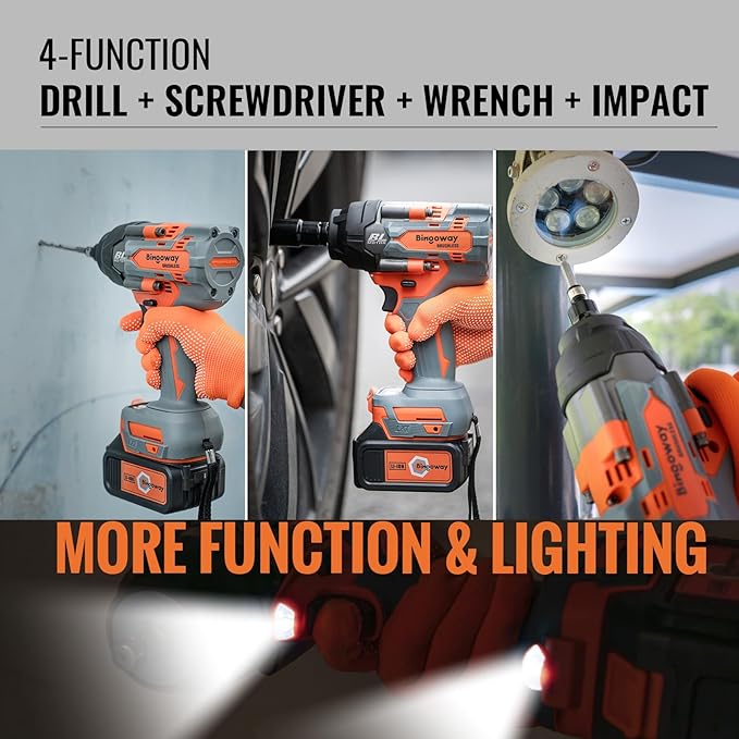 900N.m Brushless Cordless Impact Wrench 1/2", 4-in-1 High Torque 21V Power Electric Impact Gun with 2x4.0Ah Batteries, 5 Sockets, 8 Drills, 10 Screws, LED, Variable Speed for Car Repair Home