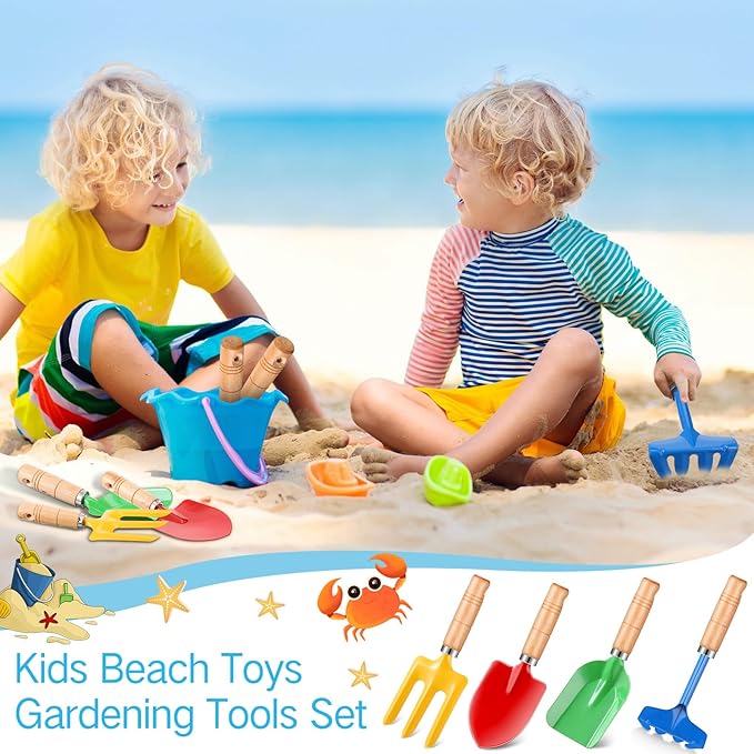 8" Kids Gardening Tools, Metal Beach Sandbox Digging Toys with Wooden Handle, Including Shovel, Rake, Fork and Trowel, Garden Sand Snow Tools for Children Gift Outdoor Gardening(48 Pcs)