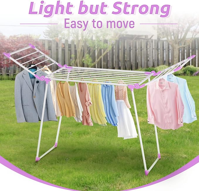 Clothes Drying Rack, Gullwing Laundry Rack, Collapsible, Space-Saving Laundry Rack, with Bonus Sock Clips, for Clothes, Towels, Linens, Indoor/Outdoor, Purple