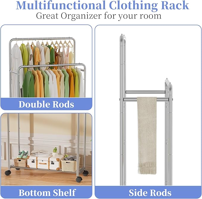 Simple Trending Clothing Clothes Rack Double Rods with Wheels, Rolling Metal Garment Rack for Hanging, Silver