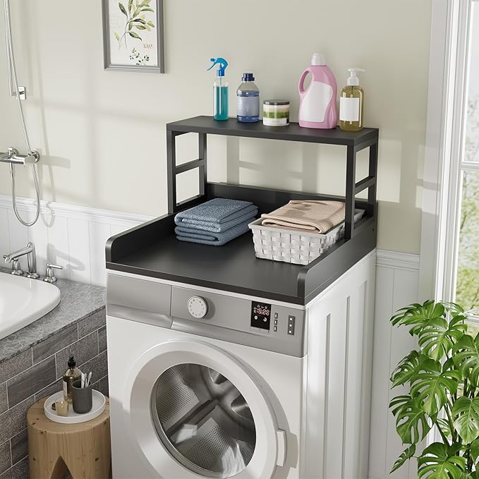 Washer Dryer Countertop with Shelf, 27.5″D x 27.5″W x 16.7″H, Countertop for Washer and Dryer Top with Non-Slip Pads and Edge Rails, Laundry Room Storage and Organization(Black)
