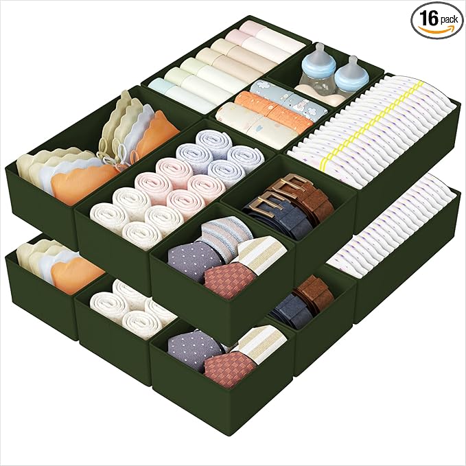 DIMJ Drawer Organizers Clothes, Set of 16 Dresser Organizer Bins, Fabric Closet Organizers and Storage, Shallow Drawer Dividers for Nursery, Clothing, Baby Clothes, Socks, Underwears, Tie (Green)