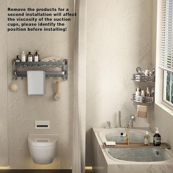 VOLPONE Corner Shower Caddy Suction Cup Shower Shelf Corner No Drilling Bathroom Shower Organizer Storage Rack Adhesive with Towel Bar Hooks (2-Pack, Matte Gray)