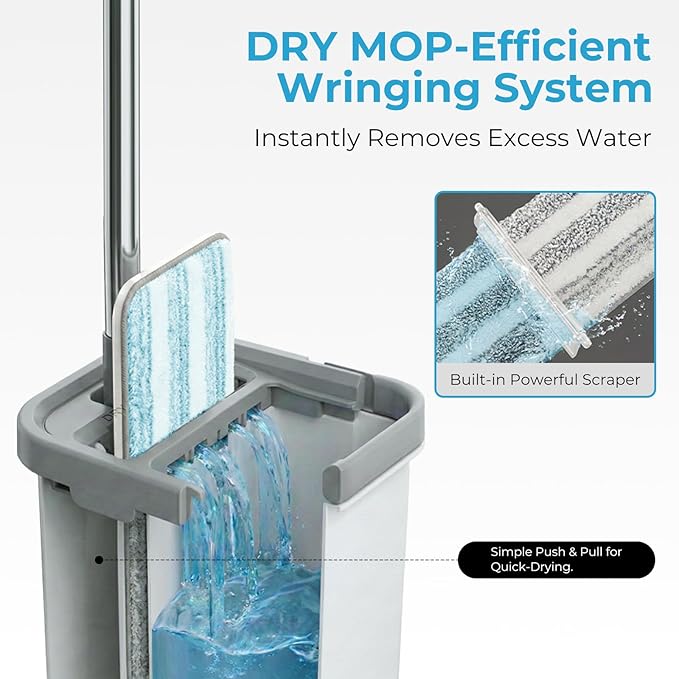 Mop and Bucket Set, Floor Mop and Bucket with Wringer Set, Wet and Dry Mop for Hardwood Floors, Vinyl, Tile, Baseboards and Walls (4 Washable Microfiber Pads Included)