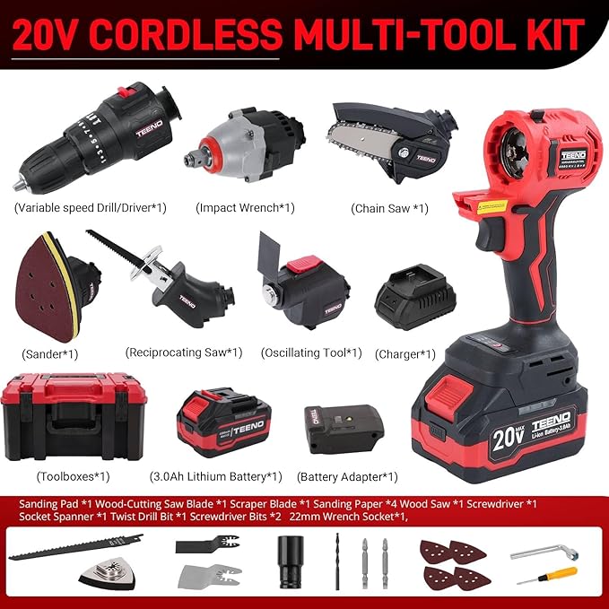 TEENO 20V MAX Power Tool Combo Kit, 7 Tool Cordless Power Tool Set with 3.0Ah Battery, Charger, and Tool Box Included, Brushless Combo Kit for Home Improvement, Yard Work & Woodworking