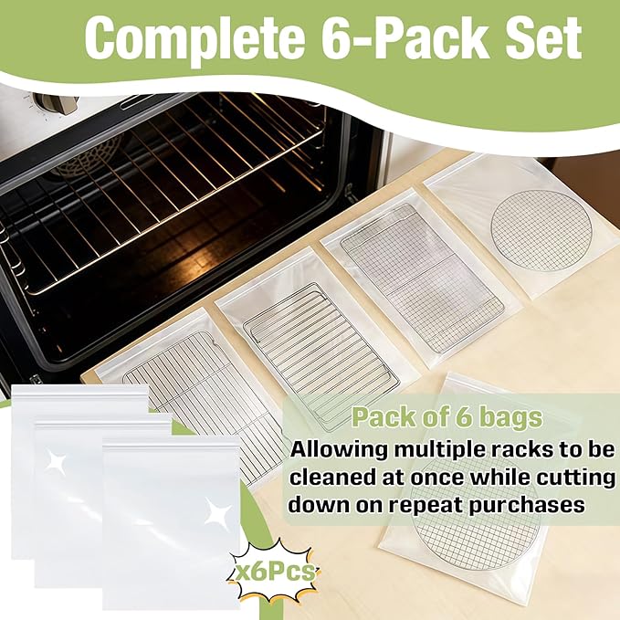 6-Pack 15.7 x 23.7 Inch Oven Rack Cleaning Bags, Reusable No-Scrub Soaking Bags with Sealed Zip for Removable Oven Racks, Grill Grates and BBQ Racks, Leak-Resistant Clear PE, No Cleaner Included