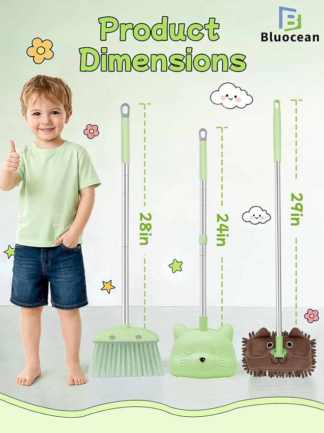 28'' Kids Mini Broom with Dustpan & Mop Set - Toddler Cleaning Toy, Toddler Household Helper, Parent-Child Interactive Play Cleaning Tool, Cute Cartoon Design, Small Safe Corner Broom (Green)