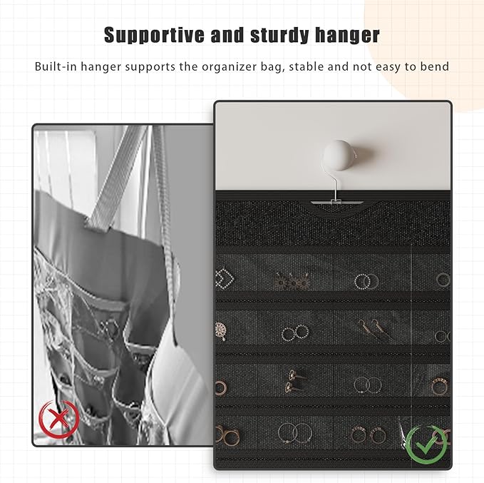 1 Pack Hanging Jewelry Organizer 80-Pocket Dual-sided Jewelry Storage for Earring Necklace Bracelet Ring Travel Holder, Black