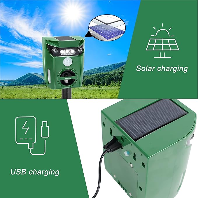 Ultrasonic Animal Repeller, Outdoor Waterproof Solar Animal Deterrent Repellent with Motion Sensor & LED Flashing Lights, Drive Away Cats, Squirrels, Rats, Skunks, Raccoons and Deer