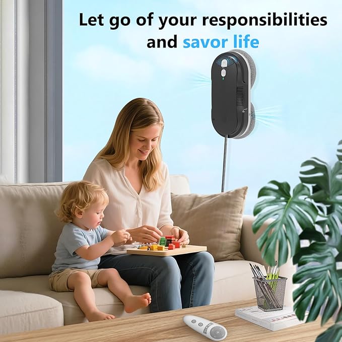 Window Cleaning Robot – 2400-3200Pa Suction, Dual Ultrasonic Spray, 85ml Tank, Edge Detection, Anti-Drop, 3 Cleaning Modes for Streak-Free Glass(Black)