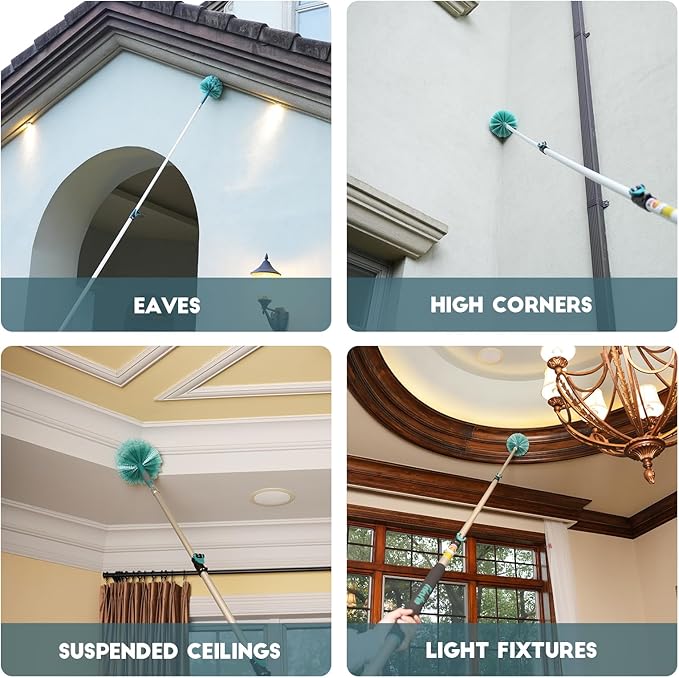 20 Feet High Reach Cobweb Duster with 5-12Ft Extension Pole, Webster Cobweb Duster with 3-Stage Telescopic Aluminum Pole, Spider Web Brush for Outdoor & Indoor Cleaning - Soft Bristles.