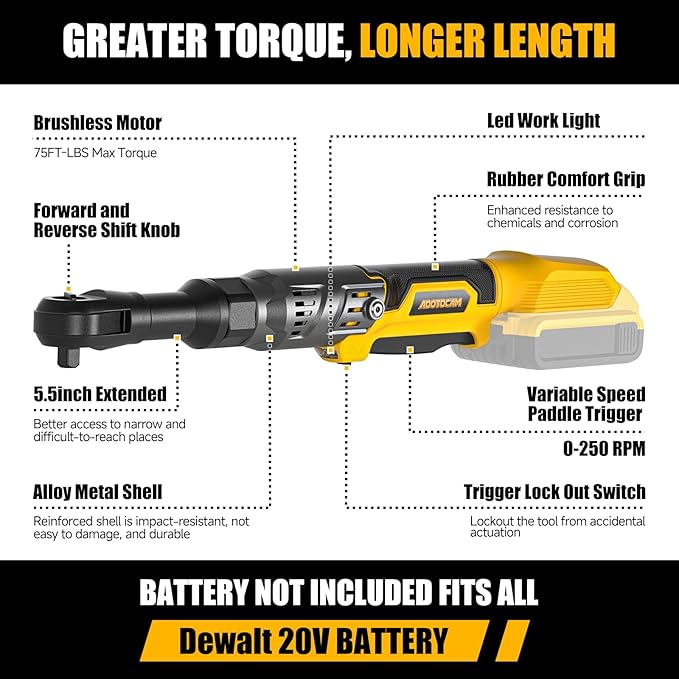 3/8" Cordless Ratchet Wrench for Dewalt 20V Battery(Tool Only),75FT-LBS(102N.m) Extended Electric Ratchet Wrench Set with Variable Speed, LED Light, 1/4"&1/2" Adapter,3" Extension Bar
