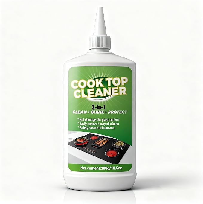 Glass Cooktop 3-in-1 Cleaner Kit, Removes Grease & Burnt-On Food, Safe for Gas, Induction, Electric Cooktops & Air Fryers, Stove Top Polish and Shine, Multi-purpose Cleanser (300g) (1)