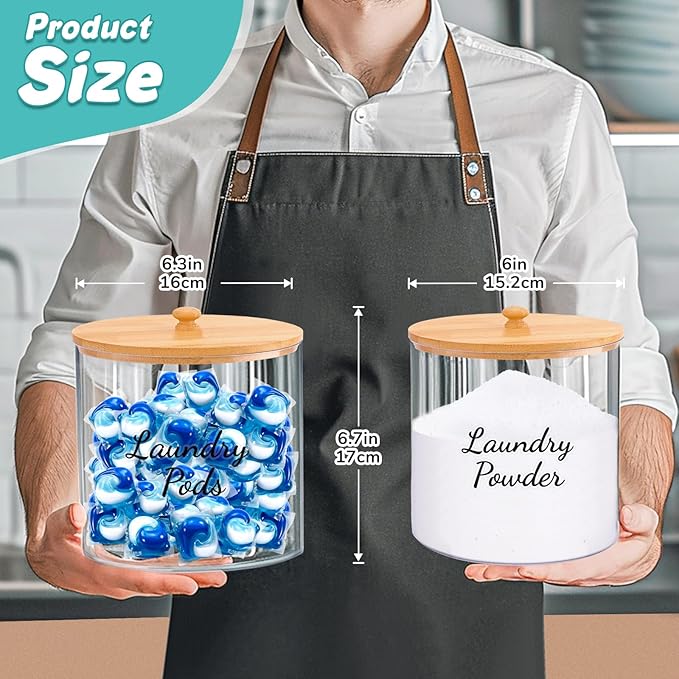 JYPS 1+1 Large-Capacity Laundry Pods Container with Bamboo Lid, Clear Acrylic Powder Detergent Containers for Pods, Scent Boosters & Powder, Laundry Room Organization decor, Storage Jars Set