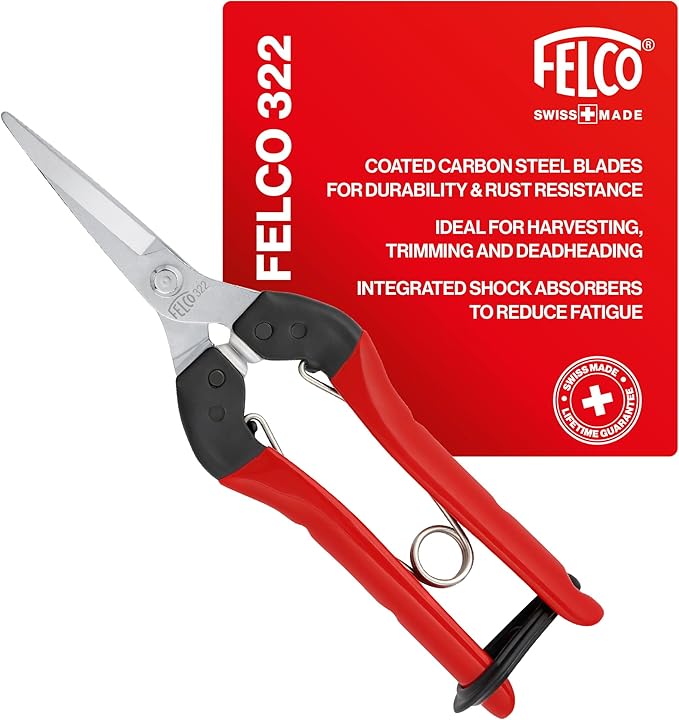 Felco F322 Pruning Snips – 9.84" Garden Clippers with Curved Blade & Rounded Tip | Pruning Shears for Gardening | Garden Snips and Pruners with Carbon Steel Blade, Sap Groove