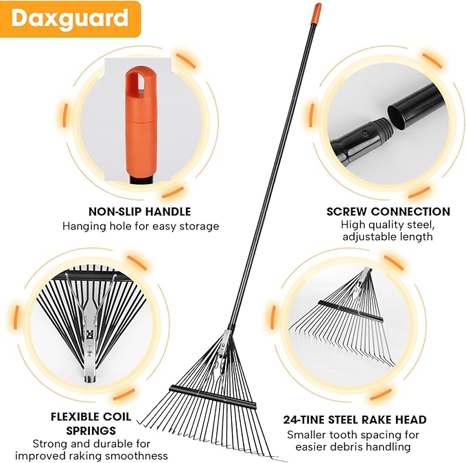 42 HRC Steel Gardening Leaf Rake, 24 Tines 23.2" Wide,Adjustable Split Long Handle 33-67",Suitable for Raking Leaves and Lawn Tidying,Garden rake and thatch rake Suitable for Adults（2 Pack