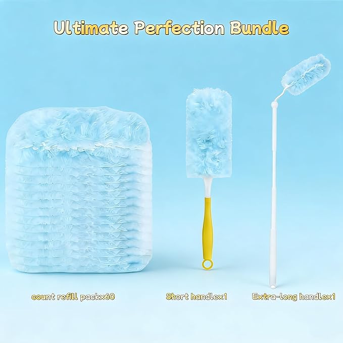 60-Pack Dusting Mop Refill Set, Disposable Power Dusting Duster Compatible with Swiffer. Includes 1 Handle and 3-Foot Extension Pole, Ideal for Cleaning Furniture, Bookshelves, and Ceiling Fans.