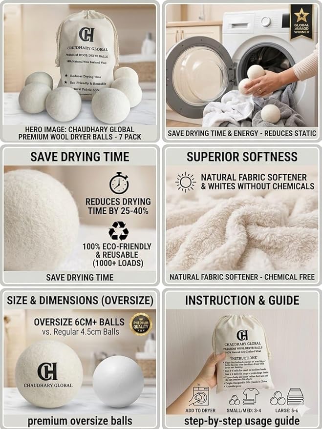 Wool Dryer Balls XL 6-Pack – 100% Organic New Zealand Wool, Reusable Natural Fabric Softener, Reduce Drying Time, Eco Friendly Laundry Balls, Chemical Free, for Sensitive Skin Chaudhary Global