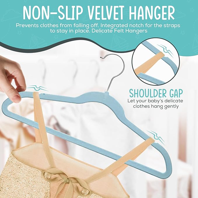 TechZoo 50 Premium Kids Velvet Hangers - 14" Non-Slip Ultra Slim Space-Saving Clothes Hangers with 360° Swivel Hook - Strong & Durable Hangers for Children & Preteens Wardrobe - Blue