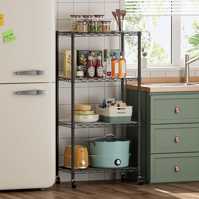 SINGAYE 4 Shelf Storage Wire Shelves Closet Bathroom Organizers Metal Pantry Kitchen Garage Shelving Unit Laundry Room Organization Home Narrow Rack Net Basket with Wheels Black