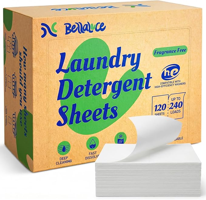 BellaLuce Fragrance Free Laundry Detergent Sheets – 240 Loads Hypoallergenic & Eco-Friendly Laundry Sheets Detergent, Plastic-Free Washer Sheets for Home, Dorm & Apartment