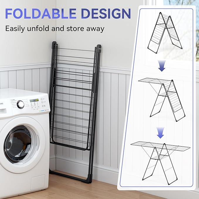 APEXCHASER Clothes Drying Rack, Foldable Oversized Drying Rack Clothing with L-Shaped Foot Cover, Height-Adjustable, Multi-Bar Laundry Rack, Indoor Outdoor Use, 20.4" D x 70" W x 42.52" H, Jet Black