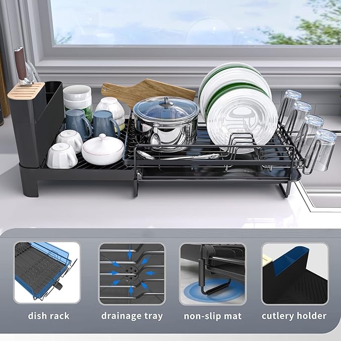 Runnatal Large Detachable Dish Rack with Drainboard Set, Dish Drying Rack Extendable Dish Rack, Utensil Holder, Cup Holder, Expandable Dish Drainer for All Kitchen Counter,20.5"-27.6" L x 12.6" W